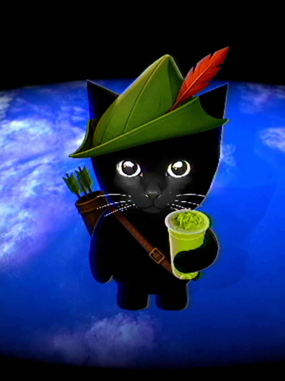 Bro Cat Robin Hood with lime drink and Earth